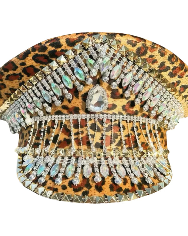 Leopard Pendant Rhinestone Military Cap Luxury Handmade Masquerade Captain Hat Cosplay Music Festival Unisex Steampunk Cap