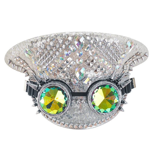 Corzzet Luxury Silver Sequined & Diamonds Club Party Rave Rock Cosplay Accessories Steampunk Military Hat Masquerade Costumes