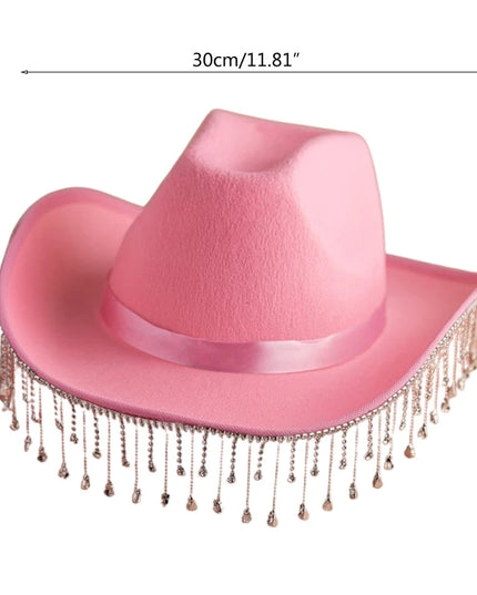 Rhinestones Tassels Hat for Women Teens Girl Breathable Wide Brim BeachSun Hat Music Festival Hat Bachelorette Party Cap