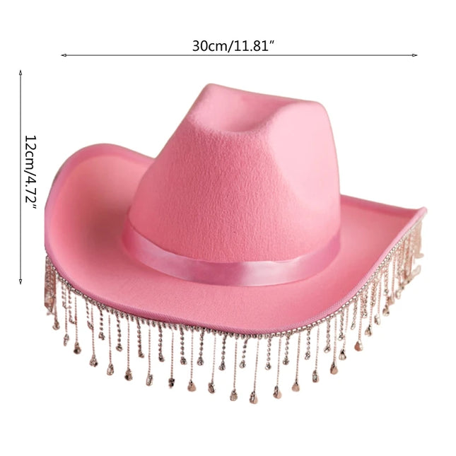 Rhinestones Tassels Hat for Women Teens Girl Breathable Wide Brim BeachSun Hat Music Festival Hat Bachelorette Party Cap