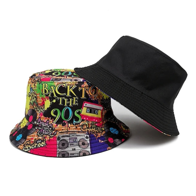 80s 90s Vintage Fishing Hat for Women Men Breathable Colorful Print Cap Sun Protective Hat Double-side Hiphop Bucket Hat