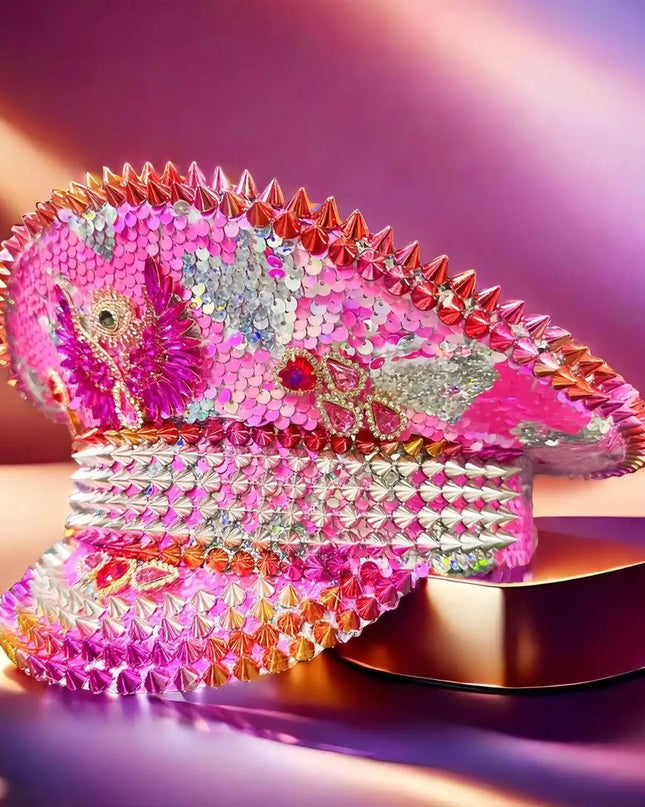 Pink Festival Captain Hat Rivet Punk Rhinestone Bride Masquerade Wedding Sergeant Hat Handmade Luxury Music Festival Cosplay
