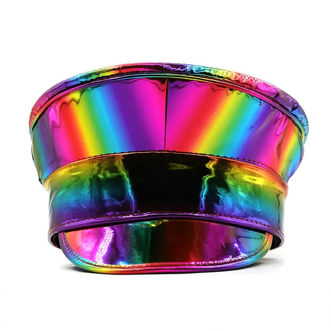 Women Men PU Leather Captain Cap Rainbow Laser Patent Leather Military Hat Prom Performance Bar Cosplay Show Hat Beret Cap
