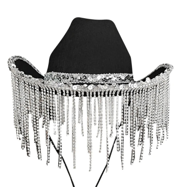 Rhinestones Tassels Hat for Women Teens Girl Breathable Wide Brim BeachSun Hat Music Festival Hat Bachelorette Party Cap