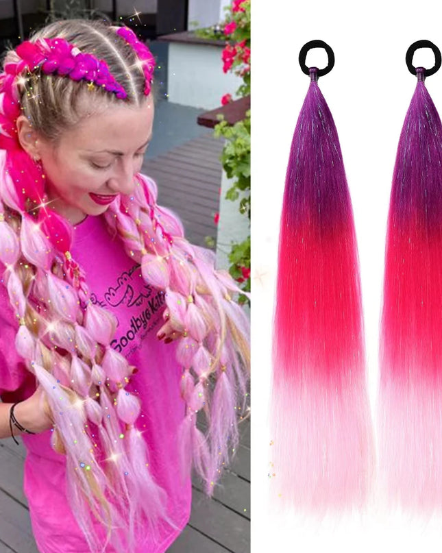 2pcs Synthetic Hair Extensions Ombre Braid Ponytail Blend Hair Tinsels with Hair Tie Crazy Hair Day Accessories For Women Girls