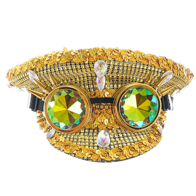 Corzzet Luxury Silver Sequined & Diamonds Club Party Rave Rock Cosplay Accessories Steampunk Military Hat Masquerade Costumes