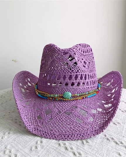New Purple 2024 Cowboy Straw Hat Hand-woven Hollow Men's and Women's Summer Sun Hat Jazz Straw Hat Western Cowboy Hat sombrero