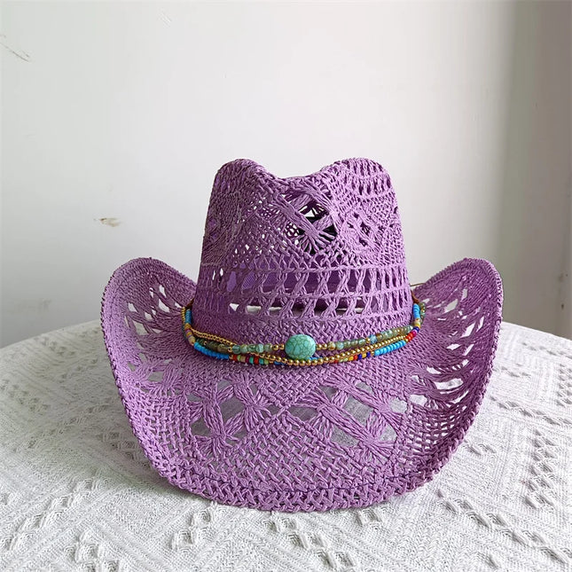 New Purple 2024 Cowboy Straw Hat Hand-woven Hollow Men's and Women's Summer Sun Hat Jazz Straw Hat Western Cowboy Hat sombrero