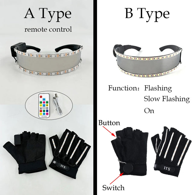 1Set Luminous Glasses Remote Control LED Glasses With Gloves Men Women Party Performence Props Glowing Glasses Festival Supplies