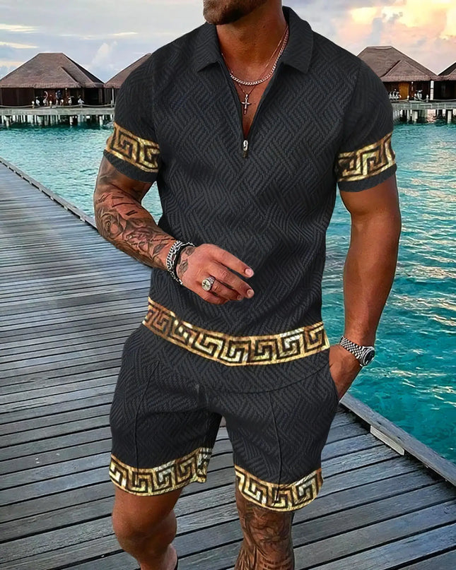 3D Digital Printed Men's 2 Piece Sets Polo Shirt+Shorts Streetwear Casual Short Sleeve Zipper Shirt Male Beach Trunks Men Outfit