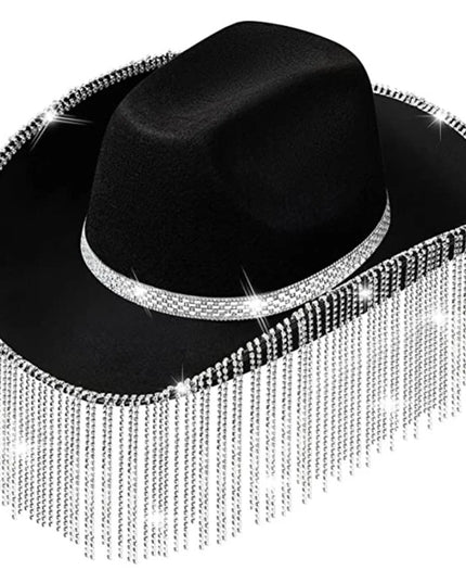 Rhinestones Tassels Hat for Women Teens Girl Breathable Wide Brim BeachSun Hat Music Festival Hat Bachelorette Party Cap