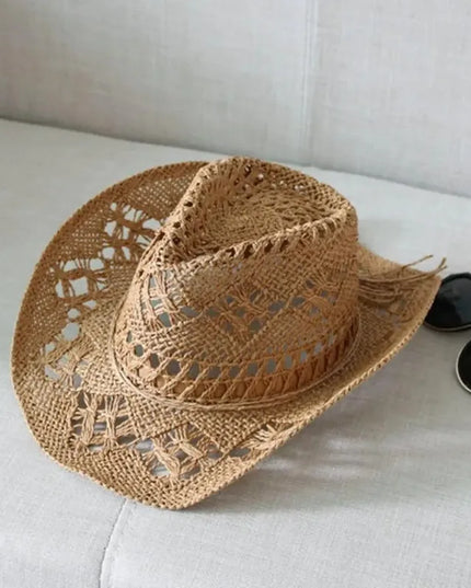 New Western Cowboy Hats for Women Men Classic Vintage Hollow Out Unisex Curled Wide Brim Sun Hat Fishing Hat Climbing Straw Cap