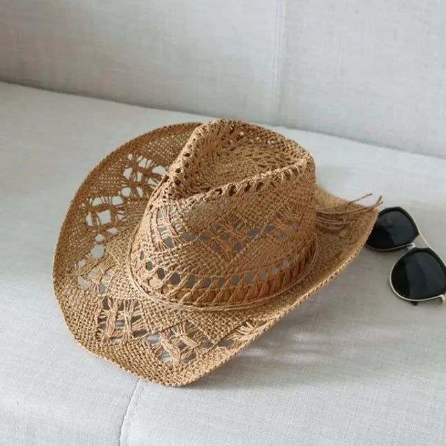 New Western Cowboy Hats for Women Men Classic Vintage Hollow Out Unisex Curled Wide Brim Sun Hat Fishing Hat Climbing Straw Cap