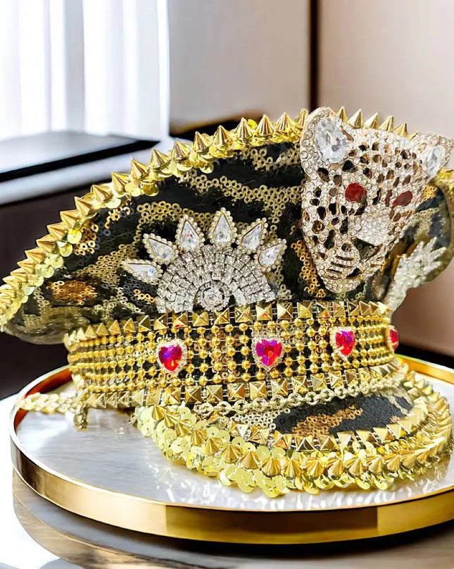 Steampunk Leopard Print Festival Captain Hat Leopard Head Military Cap Music Festival Party Bachelor Party Cosplay Masquerade