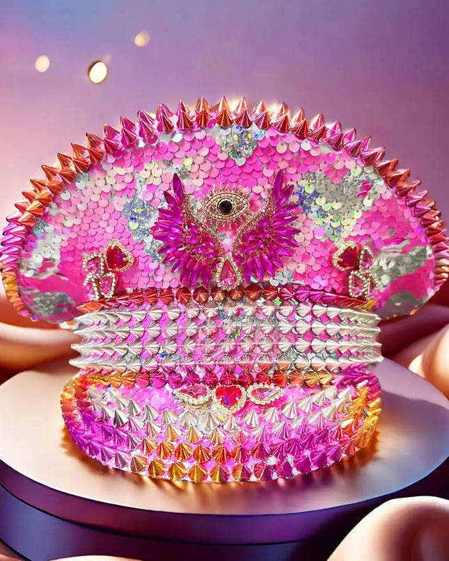Pink Festival Captain Hat Rivet Punk Rhinestone Bride Masquerade Wedding Sergeant Hat Handmade Luxury Music Festival Cosplay