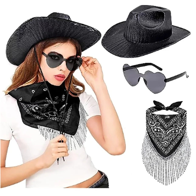 Rhinestones Tassels Hat for Women Teens Girl Breathable Wide Brim BeachSun Hat Music Festival Hat Bachelorette Party Cap
