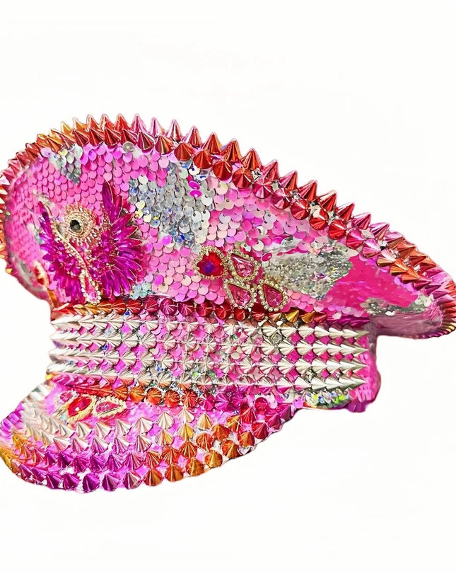 Pink Festival Captain Hat Rivet Punk Rhinestone Bride Masquerade Wedding Sergeant Hat Handmade Luxury Music Festival Cosplay