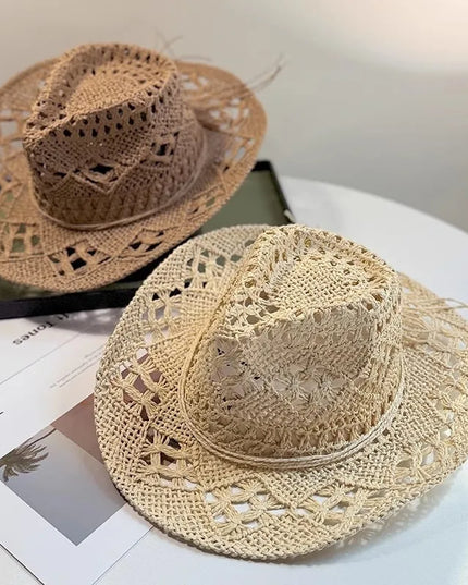 New Western Cowboy Hats for Women Men Classic Vintage Hollow Out Unisex Curled Wide Brim Sun Hat Fishing Hat Climbing Straw Cap