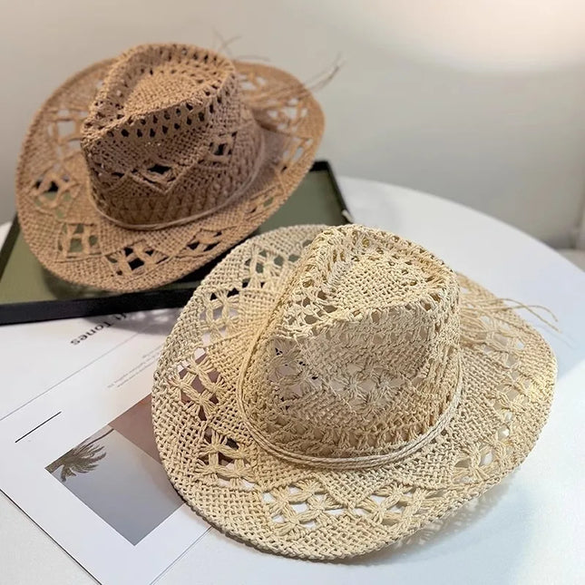 New Western Cowboy Hats for Women Men Classic Vintage Hollow Out Unisex Curled Wide Brim Sun Hat Fishing Hat Climbing Straw Cap