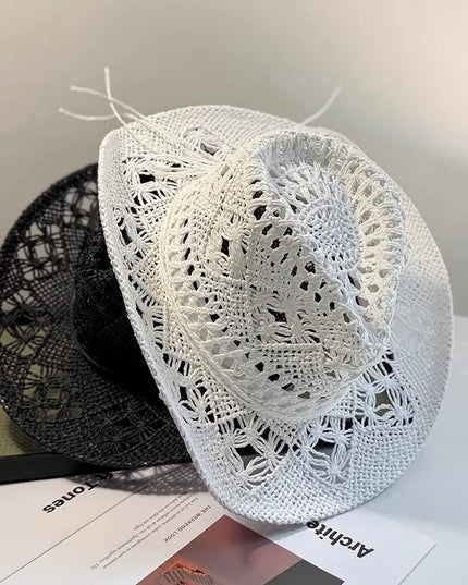 New Western Cowboy Hats for Women Men Classic Vintage Hollow Out Unisex Curled Wide Brim Sun Hat Fishing Hat Climbing Straw Cap