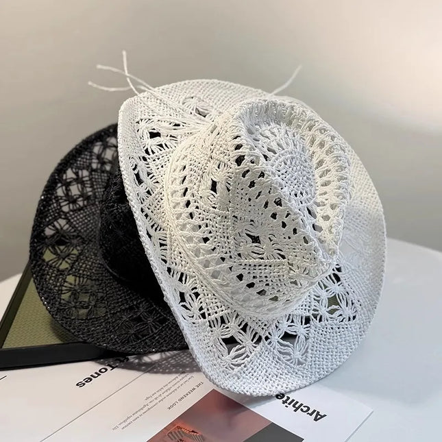 New Western Cowboy Hats for Women Men Classic Vintage Hollow Out Unisex Curled Wide Brim Sun Hat Fishing Hat Climbing Straw Cap