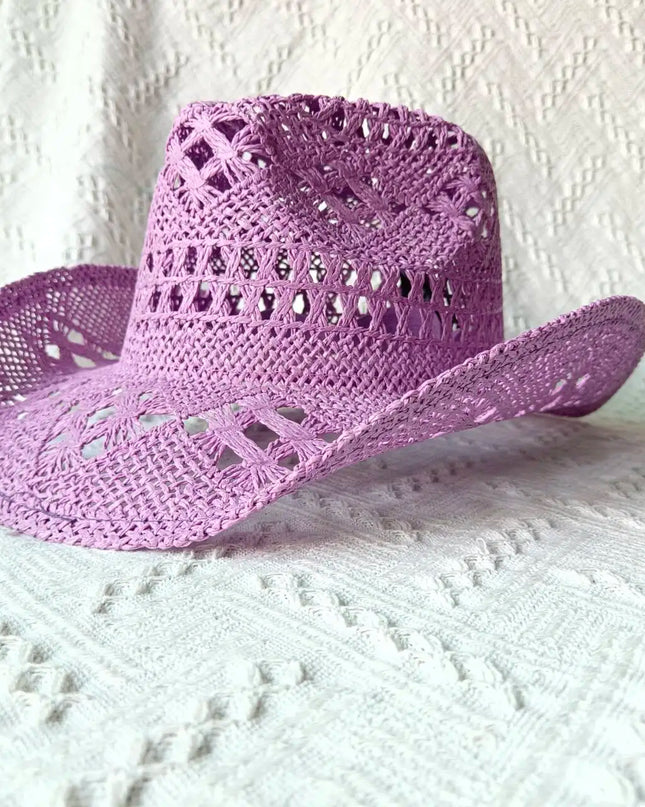 New Purple 2024 Cowboy Straw Hat Hand-woven Hollow Men's and Women's Summer Sun Hat Jazz Straw Hat Western Cowboy Hat sombrero
