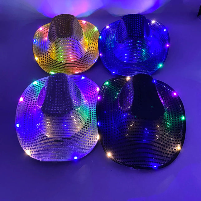 LED Western Cowboy Hat Cowgirl Hat Retro EL Wire Light Brim Jazz Top Hat Bride Cowboy Hat Cosplay Cowboy Costume For Women Men