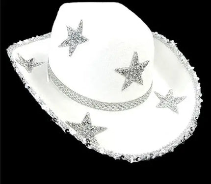 Women Rhinestone Star Cowgirl Hat Wide Brim Diamond Glitter Western Hat Cowgirl Cap for Wedding Music Costume Party