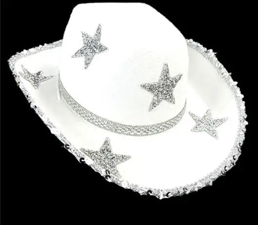 Women Rhinestone Star Cowgirl Hat Wide Brim Diamond Glitter Western Hat Cowgirl Cap for Wedding Music Costume Party