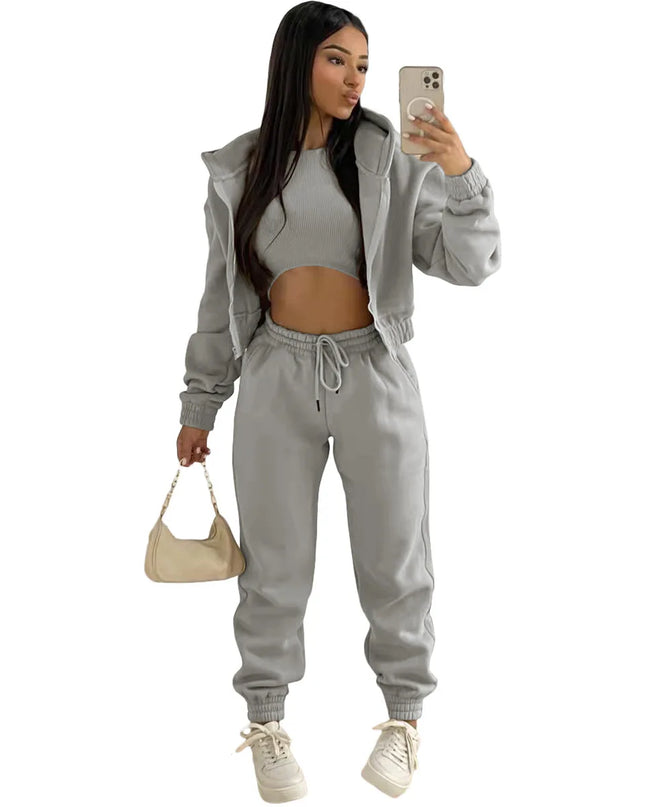 3pcs Women's Clothing Set Fleece-lined Hooded Sweater &Sleeveless Tank Top & Sports Sweatpants Pants