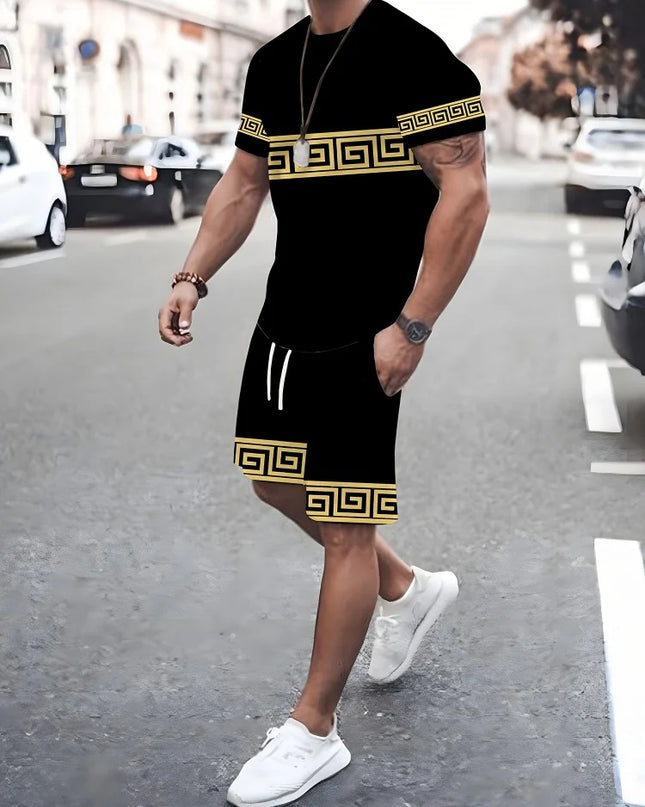 2-piece Vintage Printed Men's Short Sleeve Shorts Set Summer Casual Everyday Men's T-shirt Outdoor Sports Men's Beach Shorts