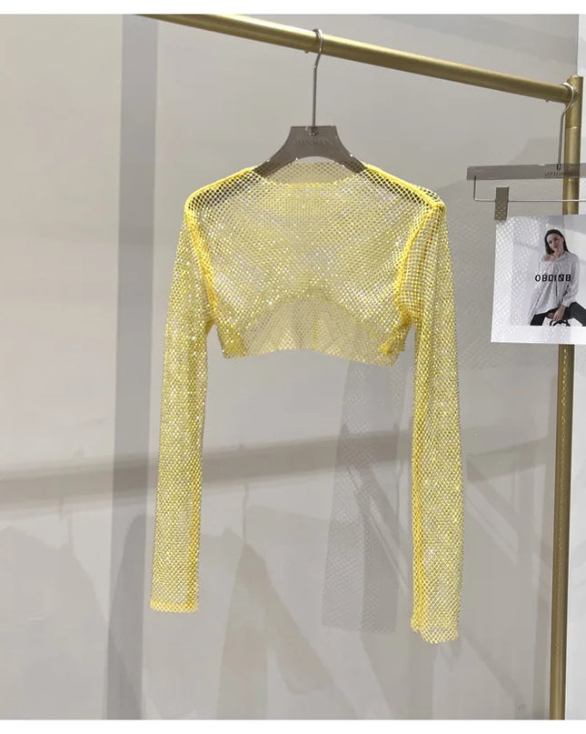 2023 new sexy bright diamond short top Slim thin Ms. hot drill long-sleeved T-shirt sexy leak waist nightclub