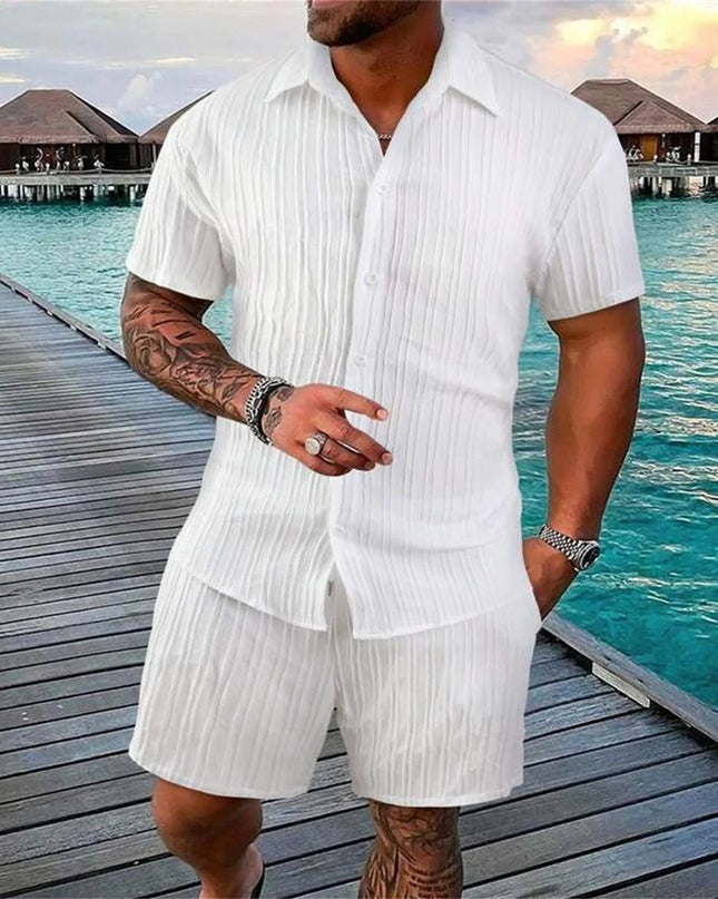 2024 New style Summer Men's Fashion Beach Suit Outdoor Sports Casual Shirt Solid color Loose Short Sleeve Shorts Beach two-piece