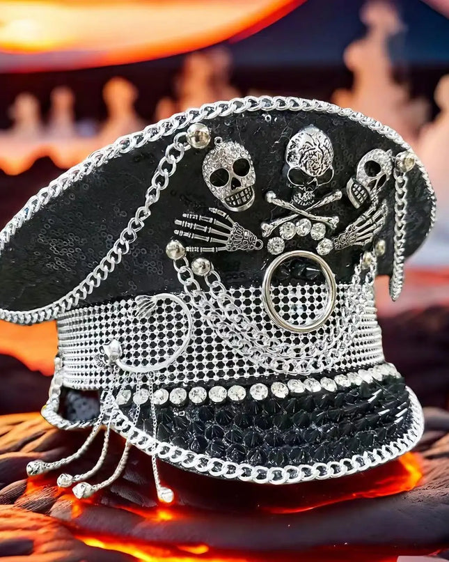 Burning Man Multi-style Black Halloween Steampunk with Chain Spider Web Skull Studded Cap Halloween Hat Hallloween decorations