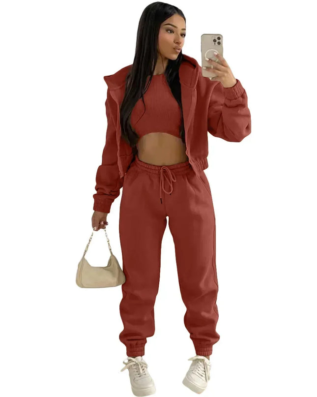 3pcs Women's Clothing Set Fleece-lined Hooded Sweater &Sleeveless Tank Top & Sports Sweatpants Pants