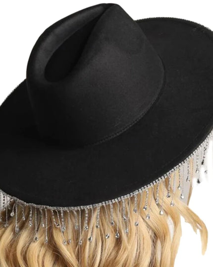 Rhinestones Tassels Hat for Women Teens Girl Breathable Wide Brim BeachSun Hat Music Festival Hat Bachelorette Party Cap