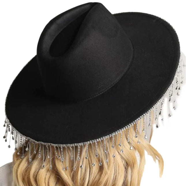 Rhinestones Tassels Hat for Women Teens Girl Breathable Wide Brim BeachSun Hat Music Festival Hat Bachelorette Party Cap
