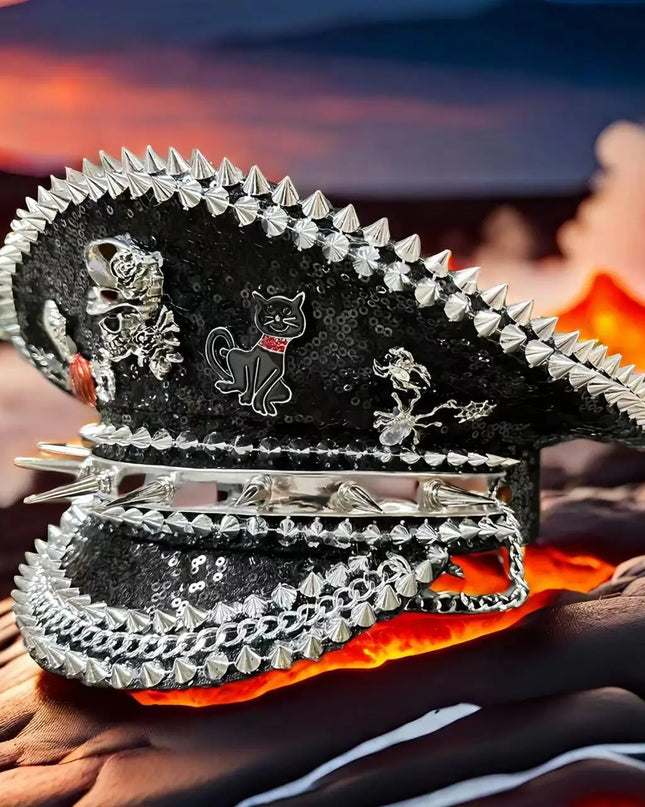 Burning Man Multi-style Black Halloween Steampunk with Chain Spider Web Skull Studded Cap Halloween Hat Hallloween decorations