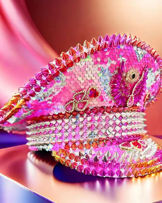 Pink Festival Captain Hat Rivet Punk Rhinestone Bride Masquerade Wedding Sergeant Hat Handmade Luxury Music Festival Cosplay