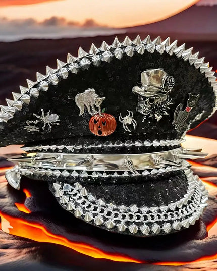 Burning Man Multi-style Black Halloween Steampunk with Chain Spider Web Skull Studded Cap Halloween Hat Hallloween decorations