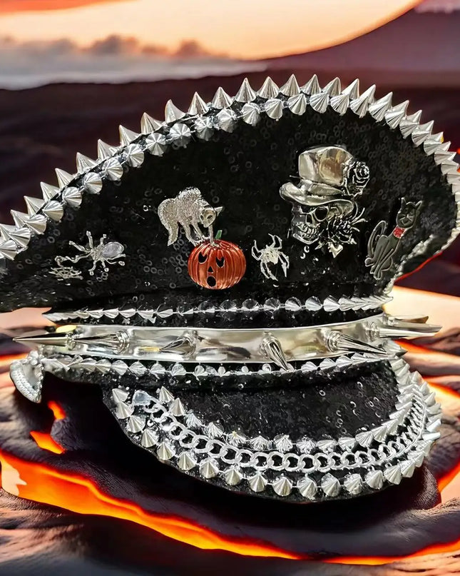 Burning Man Multi-style Black Halloween Steampunk with Chain Spider Web Skull Studded Cap Halloween Hat Hallloween decorations