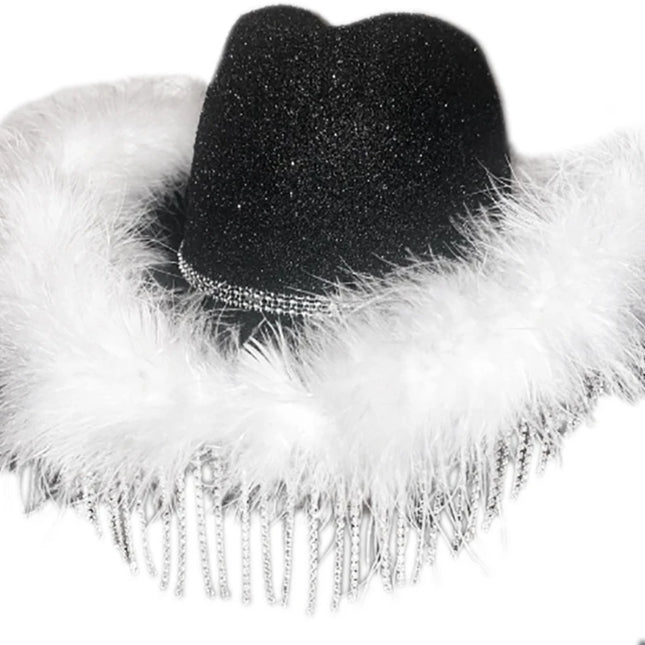 Rhinestones Tassels Hat for Women Teens Girl Breathable Wide Brim BeachSun Hat Music Festival Hat Bachelorette Party Cap
