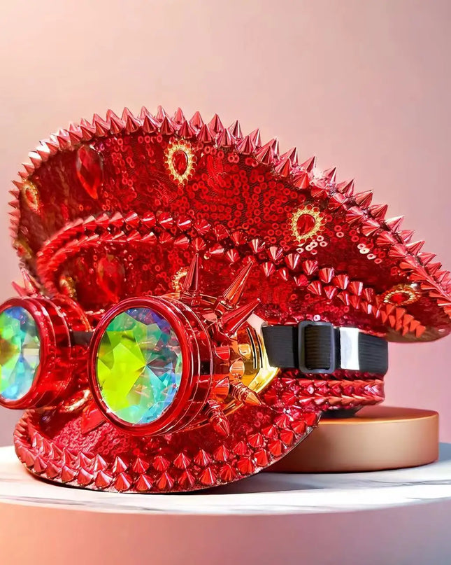 Burning Man Steampunk Captain hat badge glasses sparkle gemstone rhinestone sequined cap,bachelorette party favors halloween