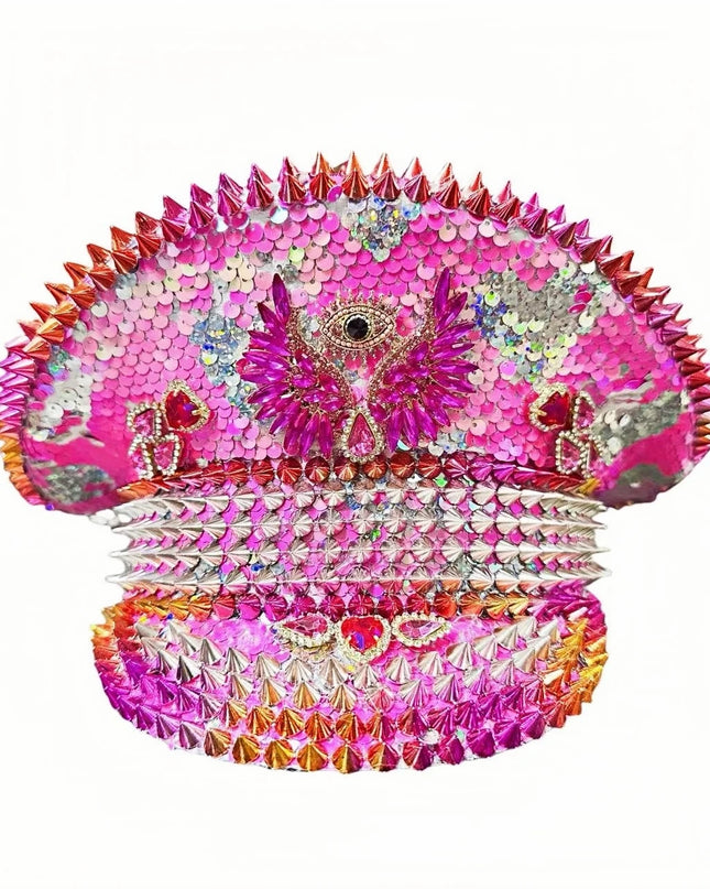 Pink Festival Captain Hat Rivet Punk Rhinestone Bride Masquerade Wedding Sergeant Hat Handmade Luxury Music Festival Cosplay