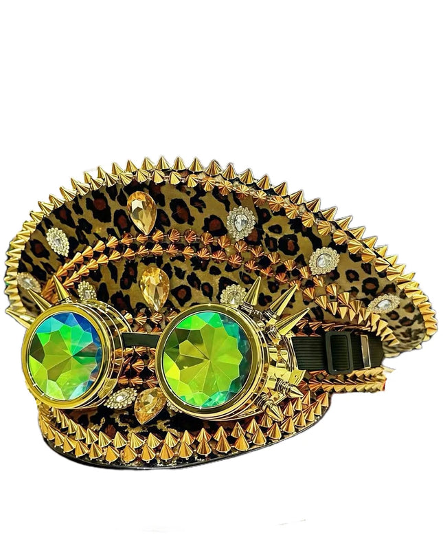 Leopard Print Steampunk Captain Hat Punk Goggles Gold Music Festival Masquerade Military Cap Costume Cosplay Accessor Unisex