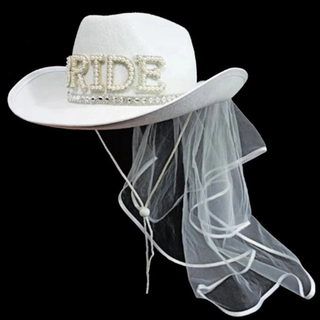 Bride Cowgirl Hat with Veil Novelty Cowboy Hat Summer Beach Hat Cowgirl Hat with Long Veil Western Fancy Dress Accessory