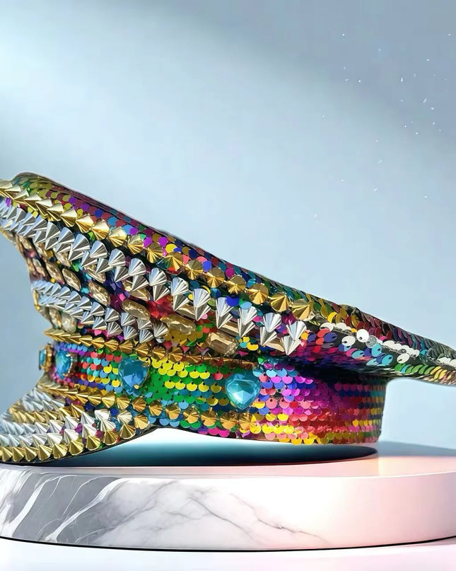 HongLuan Golden Bling Captain Hat Rhinestone for Woman - Luxury Colorful Steampunk Military Cap for Burning Man Music Festival