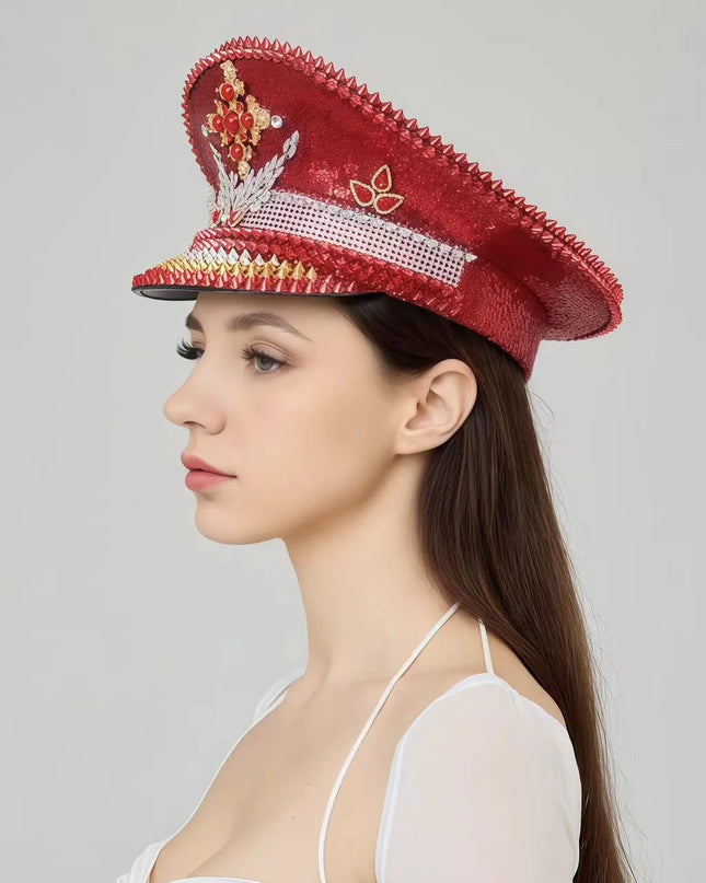 HongLuan Vintage Sparkle Red Captain Hat Rhinestone for Women,Burning Man Military Cap&Hats Luxury Woman