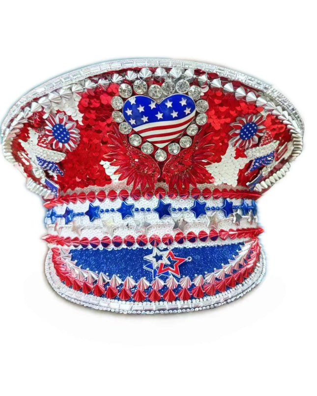 Festival Sequin Rhinestone Captain Hat | Steampunk Rave Accessories | Independence Day Cosplay Sparkling Party Hats for Women