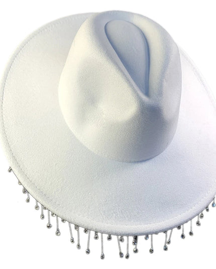 Rhinestones Tassels Hat for Women Teens Girl Breathable Wide Brim BeachSun Hat Music Festival Hat Bachelorette Party Cap